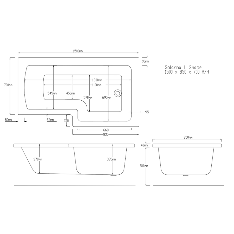 Grade A2 - Lomax 1500 x 850 L Shaped Shower Bath Left Hand with Front Panel & Matt Black Bath Screen with Towel Rail