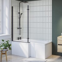L Shaped Shower Bath with Front Panel & Black Bath Screen, Left Hand 1500 x 850mm - Lomax L Shaped Shower Bath with Front Panel & Black Bath Screen, Left Hand 1500 x 850mm - Lomax