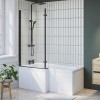 L Shape Shower Bath Left Hand with Front Panel &amp; Black Bath Screen 1500 x 850mm - Lomax