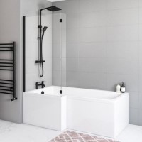 Grade A1 -  Shape Shower Bath Left Hand with Front Panel & Black Bath Screen 1500 x 850mm - Lomax