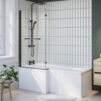 Grade A2 - Lomax 1500 x 850 L Shaped Shower Bath Left Hand with Front Panel & Matt Black Bath Screen with Towel Rail Grade A2 - Lomax 1500 x 850 L Shaped Shower Bath Left Hand with Front Panel & Matt Black Bath Screen with Towel Rail