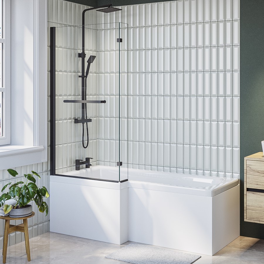 Grade A2 - Lomax 1500 x 850 L Shaped Shower Bath Left Hand with Front Panel & Matt Black Bath Screen with Towel Rail