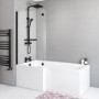 Grade A2 - Lomax 1500 x 850 L Shaped Shower Bath Left Hand with Front Panel & Matt Black Bath Screen with Towel Rail