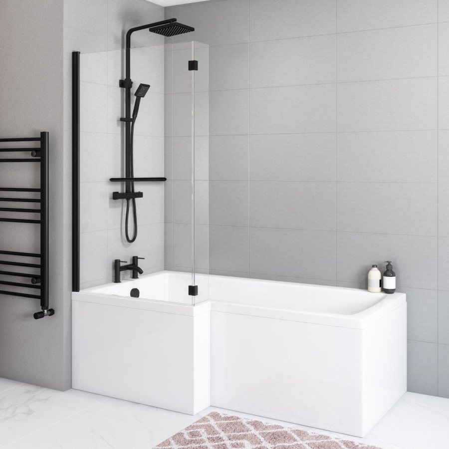 Grade A2 - Lomax 1500 x 850 L Shaped Shower Bath Left Hand with Front Panel & Matt Black Bath Screen with Towel Rail