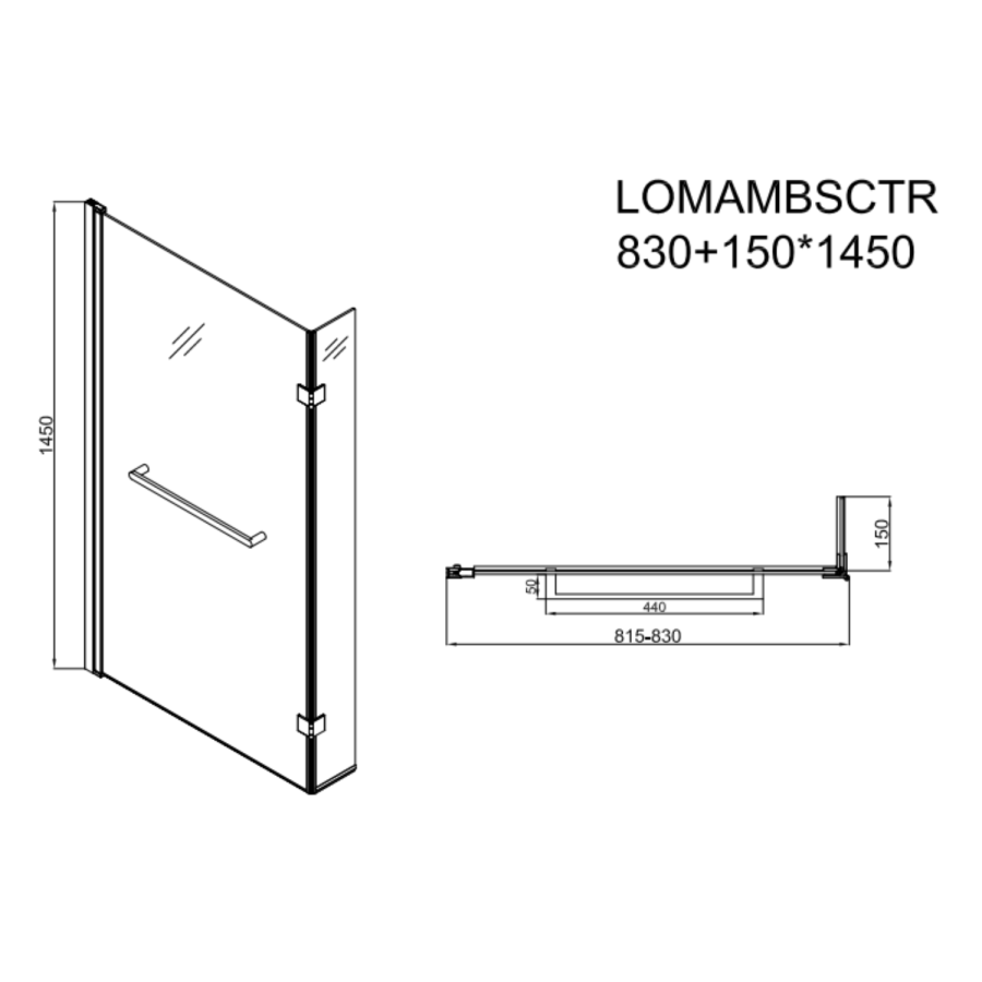 L Shaped Shower Bath with Front Panel & Matt Black Bath Screen with Towel Rail, Left Hand 1500 x 850mm - Lomax