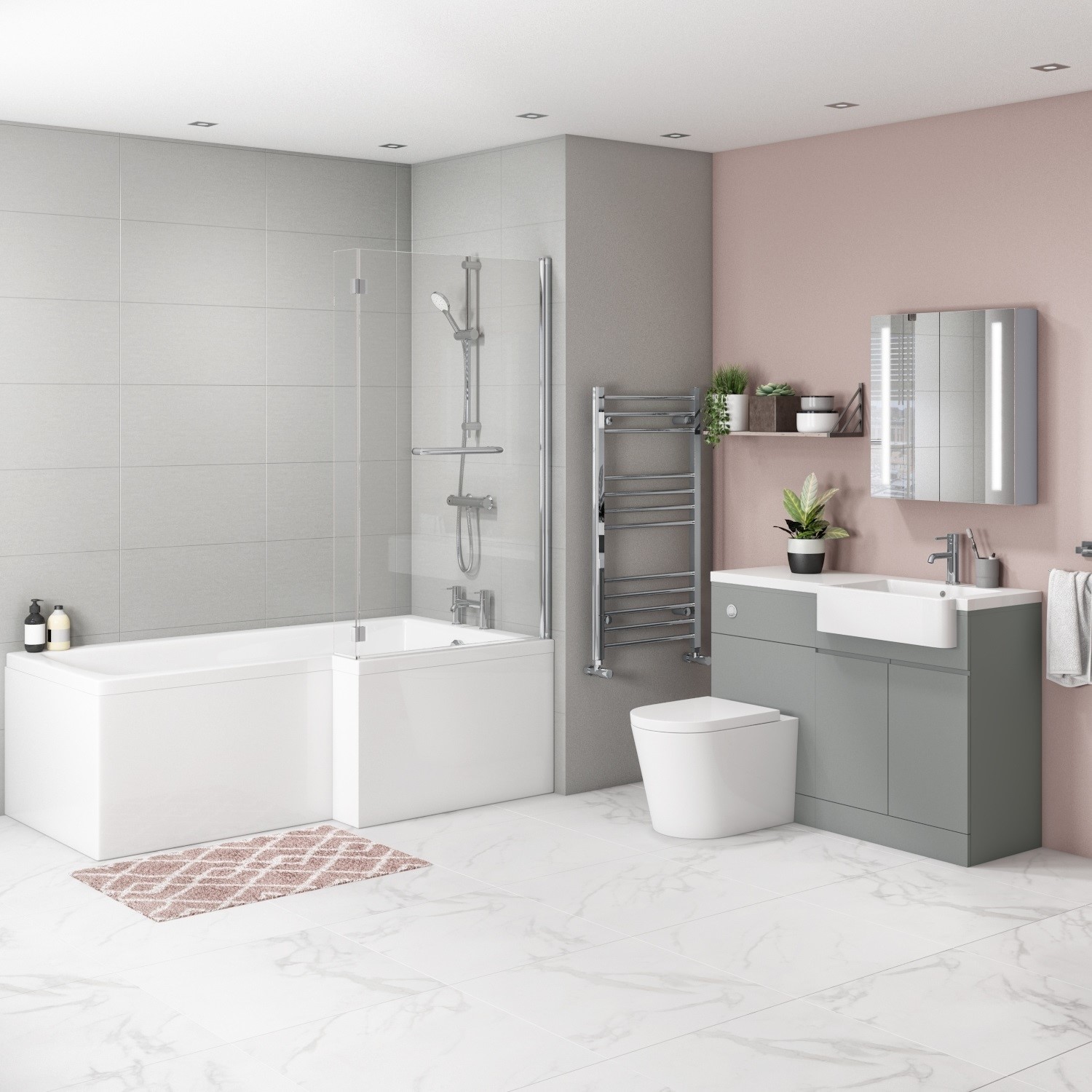 Bali Matt Grey Toilet and Basin Vanity Combination Unit and Right Hand L Shape Bath Suite