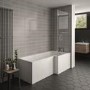 L Shaped Shower Bath with Front Panel & Chrome Bath Screen with Towel Rail, Right Hand 1500 x 850mm - Lomax