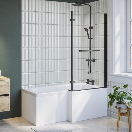 L Shaped Shower Bath With Front Panel & Matt Black Bath - View #6