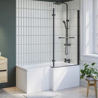 L Shaped Shower Bath with Front Panel & Matt Black Bath Screen with Towel Rail, Right Hand 1500 x 850mm - Lomax L Shaped Shower Bath with Front Panel & Matt Black Bath Screen with Towel Rail, Right Hand 1500 x 850mm - Lomax