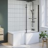 Lomax 1500 x 850 L Shaped Shower Bath Right Hand with Front Panel &amp; Matt Black Bath Screen with Towel Rail