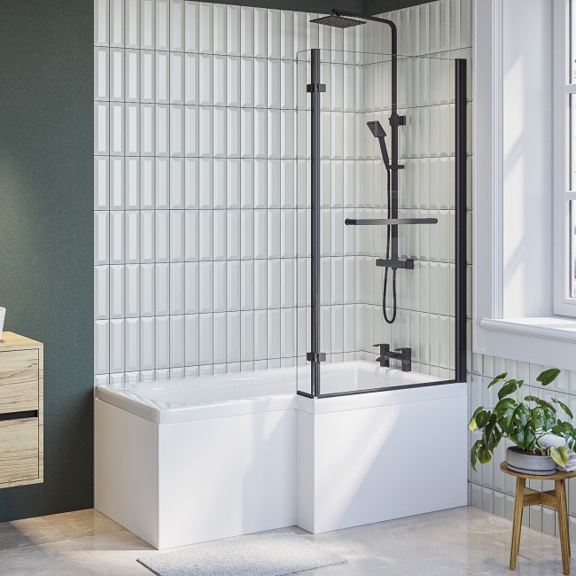 Lomax 1500 x 850 L Shaped Shower Bath Right Hand with Front Panel & Matt Black Bath Screen with Towel Rail