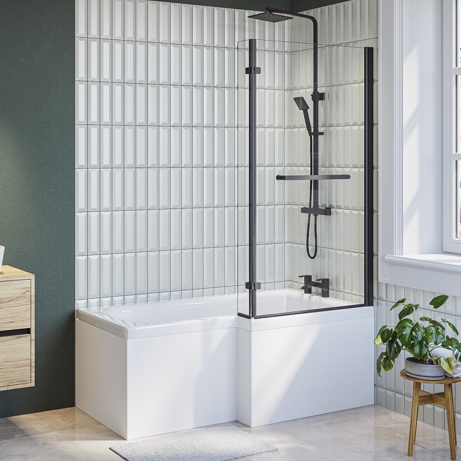 L Shaped Shower Bath with Front Panel & Matt Black Bath Screen with Towel Rail, Right Hand 1500 x 850mm - Lomax
