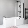 Grade A2 - L Shape Shower Bath Right Hand with Front Panel & Black Bath Screen with Towel Rail 1700 x 850mm - Lomax