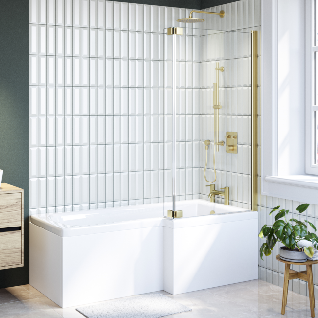 L Shape Shower Bath Right Hand with Front Panel & Brushed Brass Screen 1500 x 850mm - Lomax
