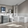 Left Hand L-Shaped Bath Portland Close Coupled &amp; 600mm Medium Grey Gloss Floorstanding Vanity Unit
