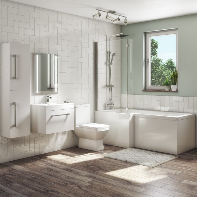 1700mm L Shaped Bath Suite with 600mm Wall Hung Vanity Unit with Basin & Toilet - Left Hand - Ashford