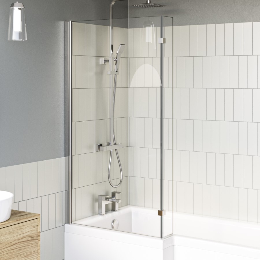 L Shaped Shower Bath with Front Panel & Chrome Bath Screen, Left hand 1500 x 850mm - Lomax