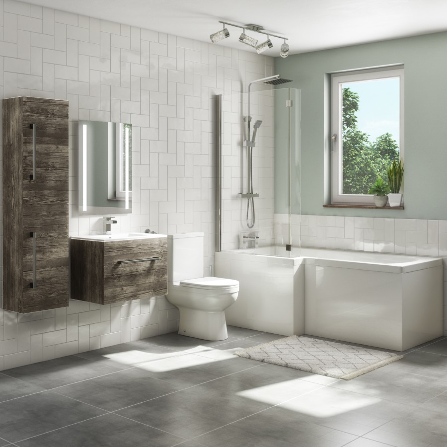 1700mm L Shaped Bath Suite with 600mm Wall Hung Vanity Unit and Basin & Toilet - Left Hand - Ashford