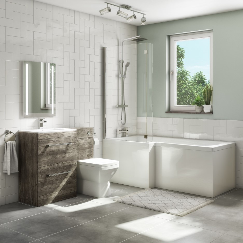 1700mm L Shaped Bath Suite with Toilet & Basin vanity Combination Unit Front Panel & Screen