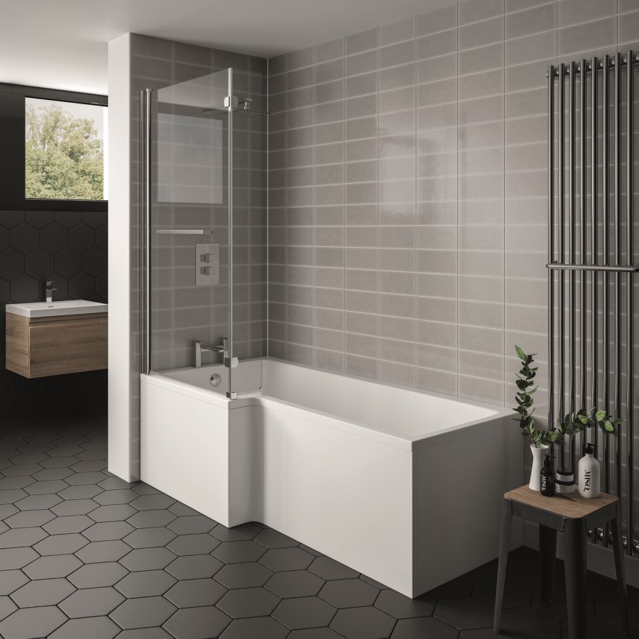 L Shaped Shower Bath with Front Panel & Chrome Bath Screen Towel Rail, Left Hand 1700 x 850mm - Lomax