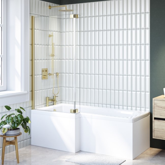 L Shape Shower Bath Left Hand with Front Panel & Brushed Brass Screen 1700 x 850mm - Lomax