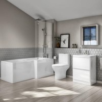 1700mm Right Hand L-Shaped Bath with Close Coupled Toilet & 600mm White Gloss Floorstanding Vanity Unit - Portland 1700mm Right Hand L-Shaped Bath with Close Coupled Toilet & 600mm White Gloss Floorstanding Vanity Unit - Portland
