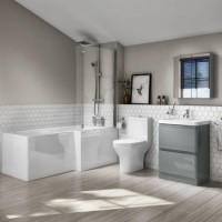 Right Hand L-Shaped Bath Portland Close Coupled & 600mm Floorstanding Medium Grey Gloss Vanity Unit
