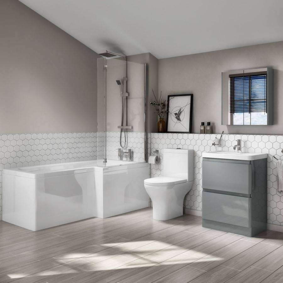 Right Hand L-Shaped Bath Portland Close Coupled & 600mm Floorstanding Medium Grey Gloss Vanity Unit