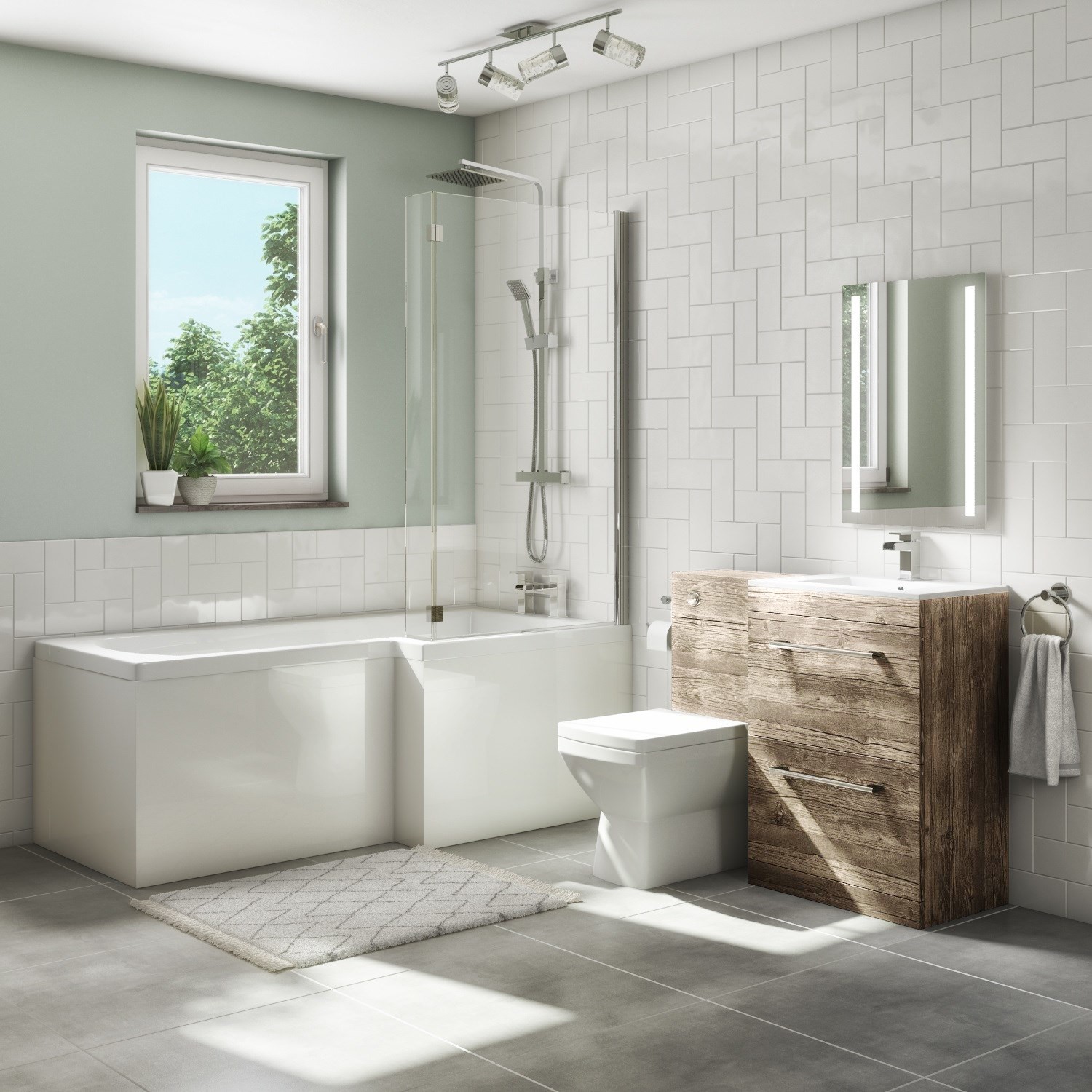 1700mm L Shaped Bath Suite With Screen And Toilet Basin Vanity Combination Unit Grey Wood Right Hand Ashford Better Bathrooms 1700mm L Shaped Bath Suite With Screen And Toilet Basin Vanity Combination Unit Grey Wood Right Hand Ashford Better Bathrooms