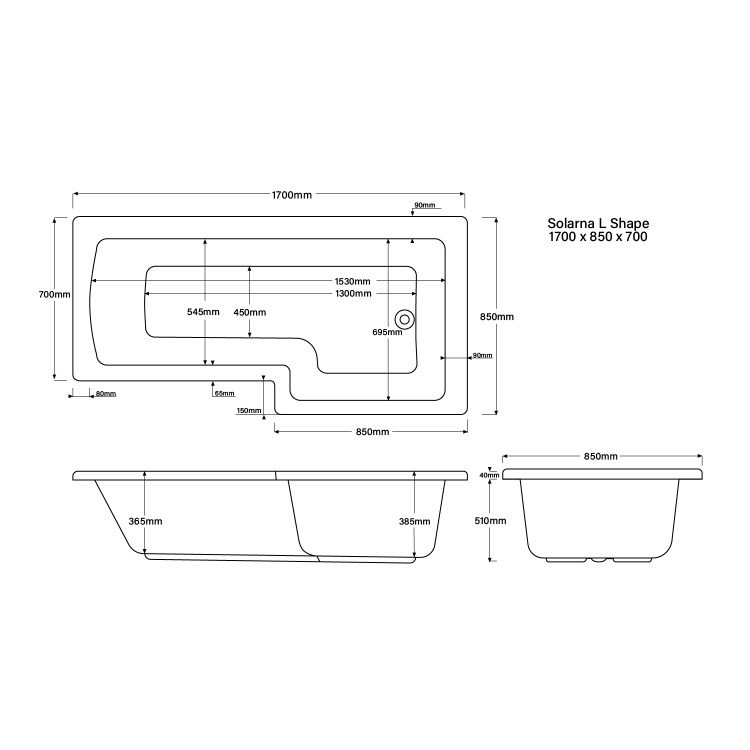 L Shape Shower Bath Right Hand 1700 x 850mm - Lomax - Better Bathrooms