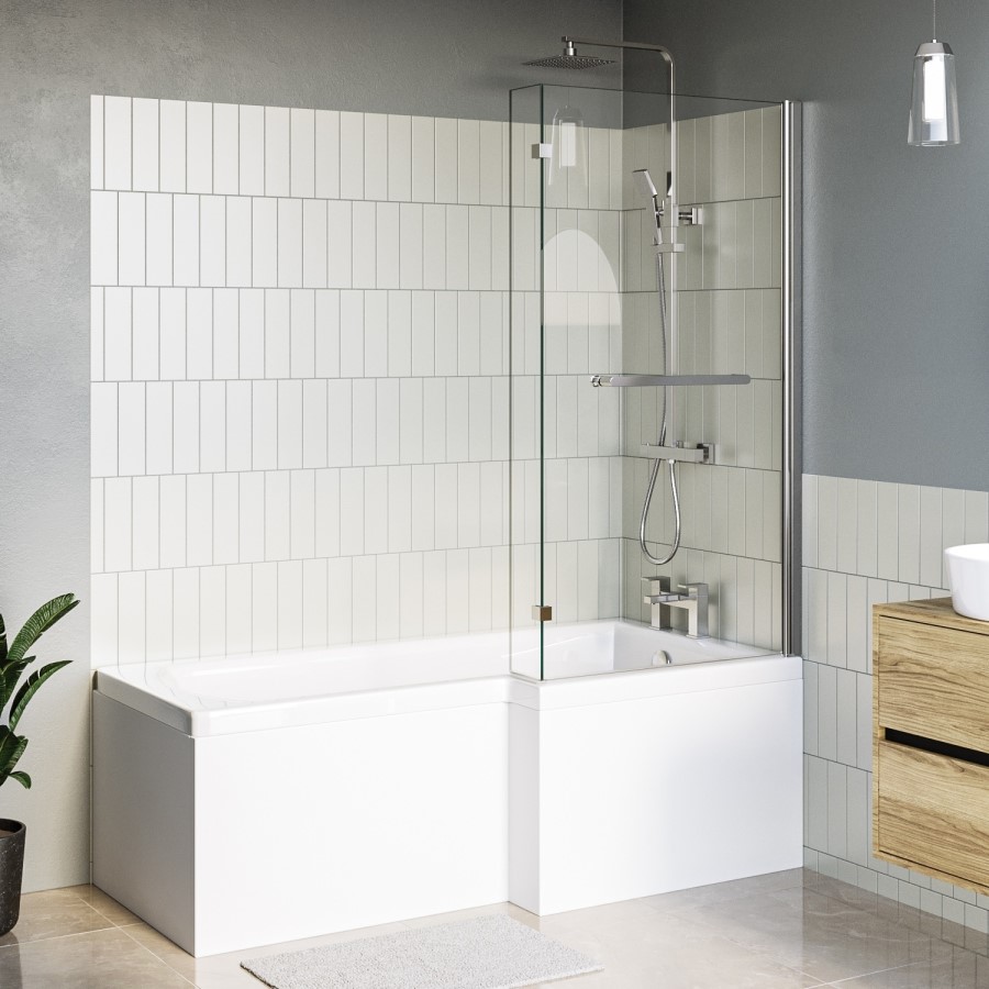 L Shaped Shower Bath with Front Panel & Chrome Bath Screen with Towel Rail, Right Hand 1700 x 850mm - Lomax