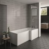L Shape Shower Bath Right Hand with Front Panel &amp; Chrome Bath Screen with Towel Rail 1700 x 850mm - Lomax