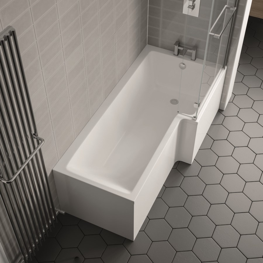 L Shaped Shower Bath with Front Panel & Chrome Bath Screen with Towel Rail, Right Hand 1700 x 850mm - Lomax