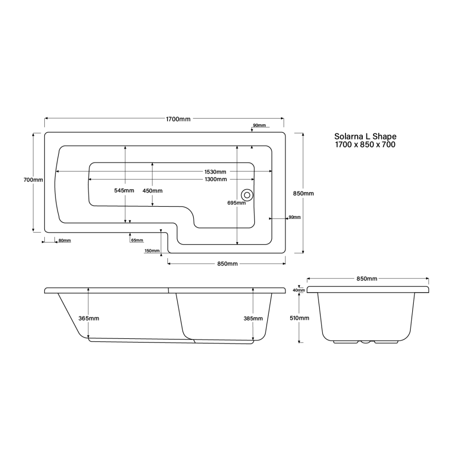 ONLY OPENED - L Shape Shower Bath Right Hand 1700 x 850mm - Lomax