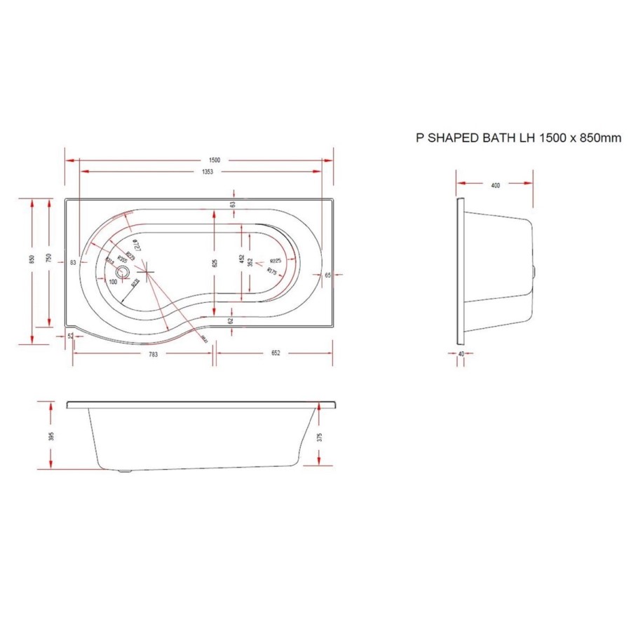 1500 x 850 P Shaped Shower Bath Left Hand with Front Panel and Screen