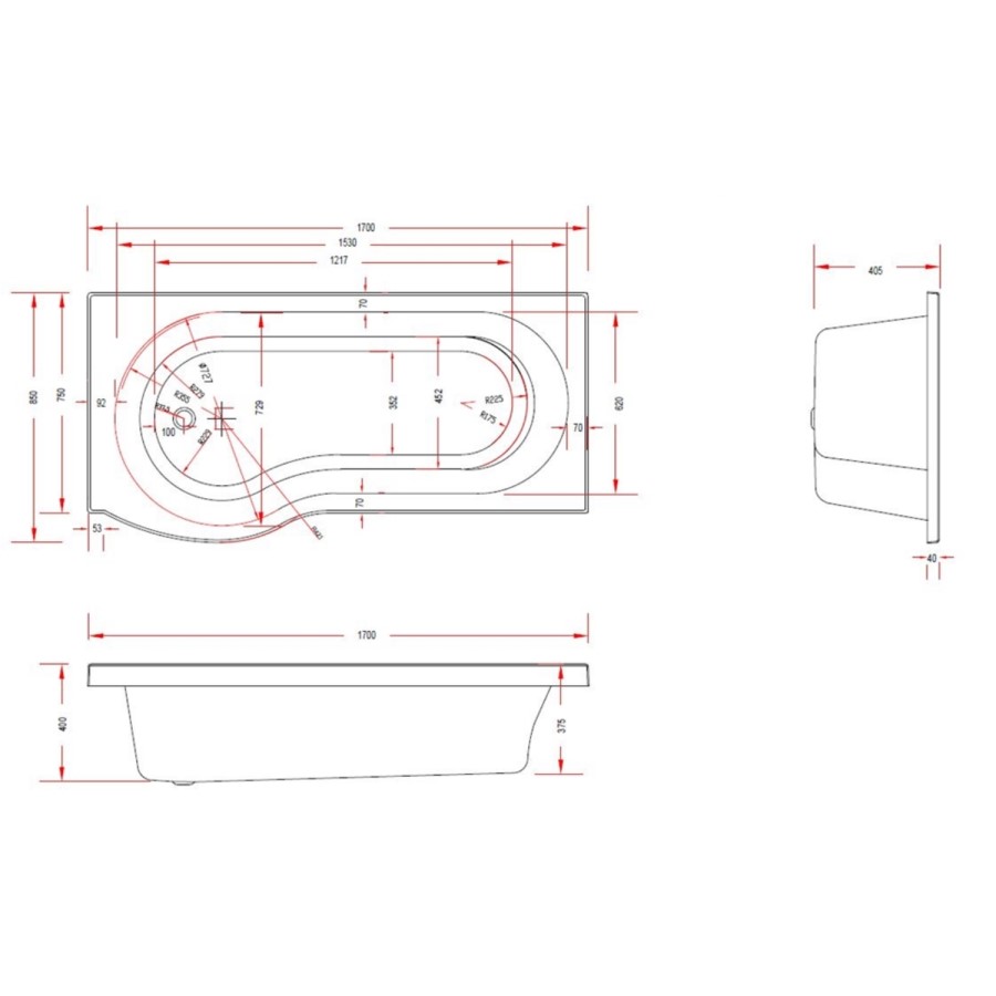 Portland Left Hand P Shape Shower Bath with Front Panel - 1700 x 850mm