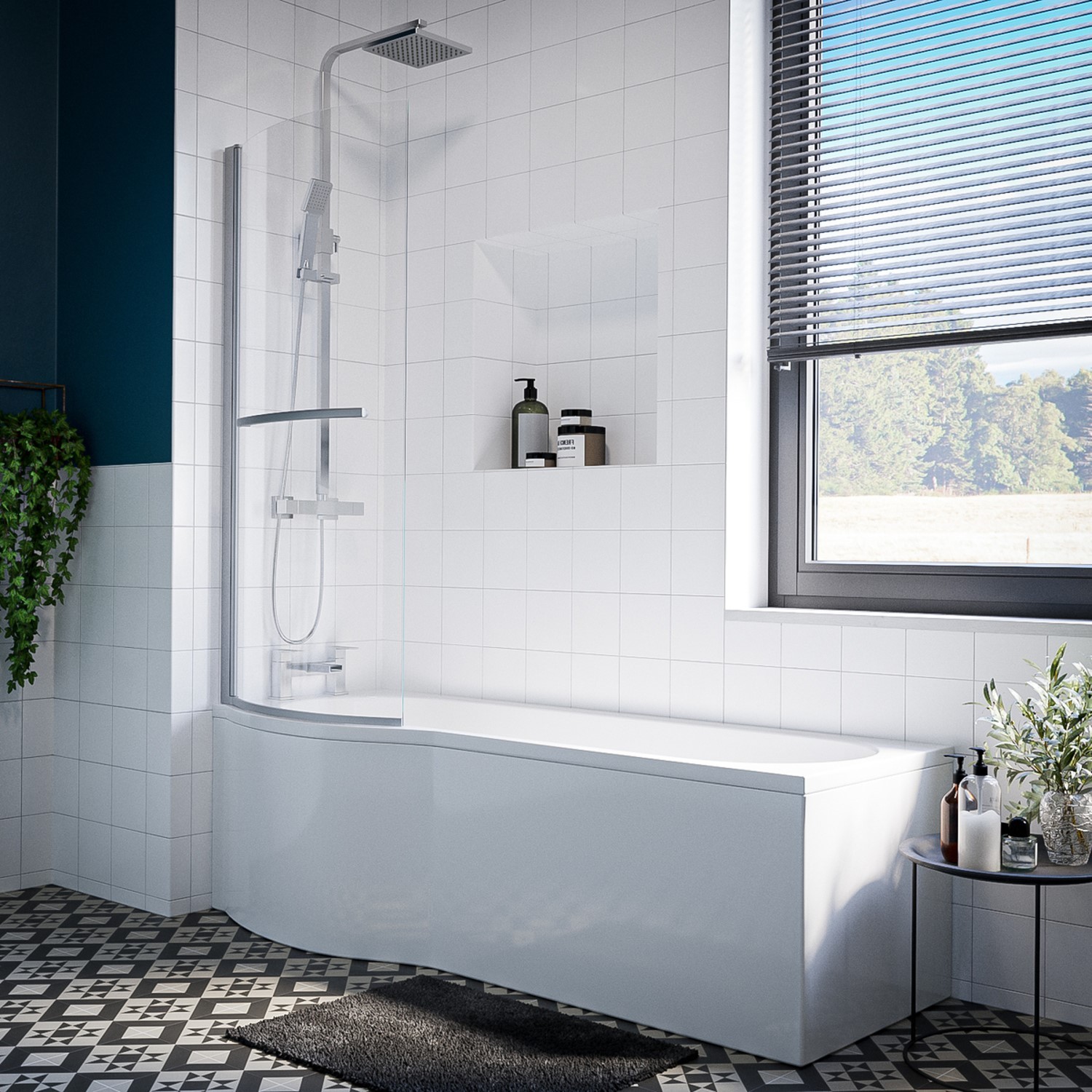 P Shaped Shower Bath Left Hand Bath Bathtub with Glass Shower Screen Towel Rail Side End Panel Single Ended 1700 x 900mm 