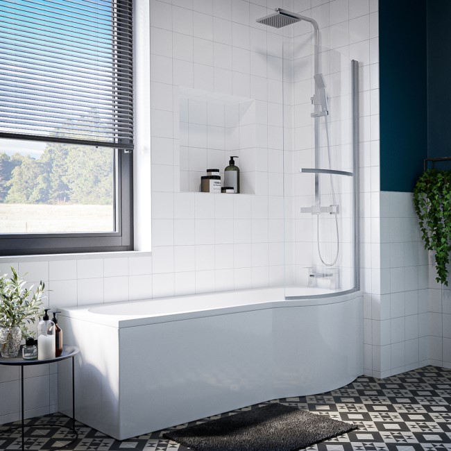 P Shape Shower Bath Right Hand with Front Panel & Chrome Bath Screen 1700 x 850mm - Portland