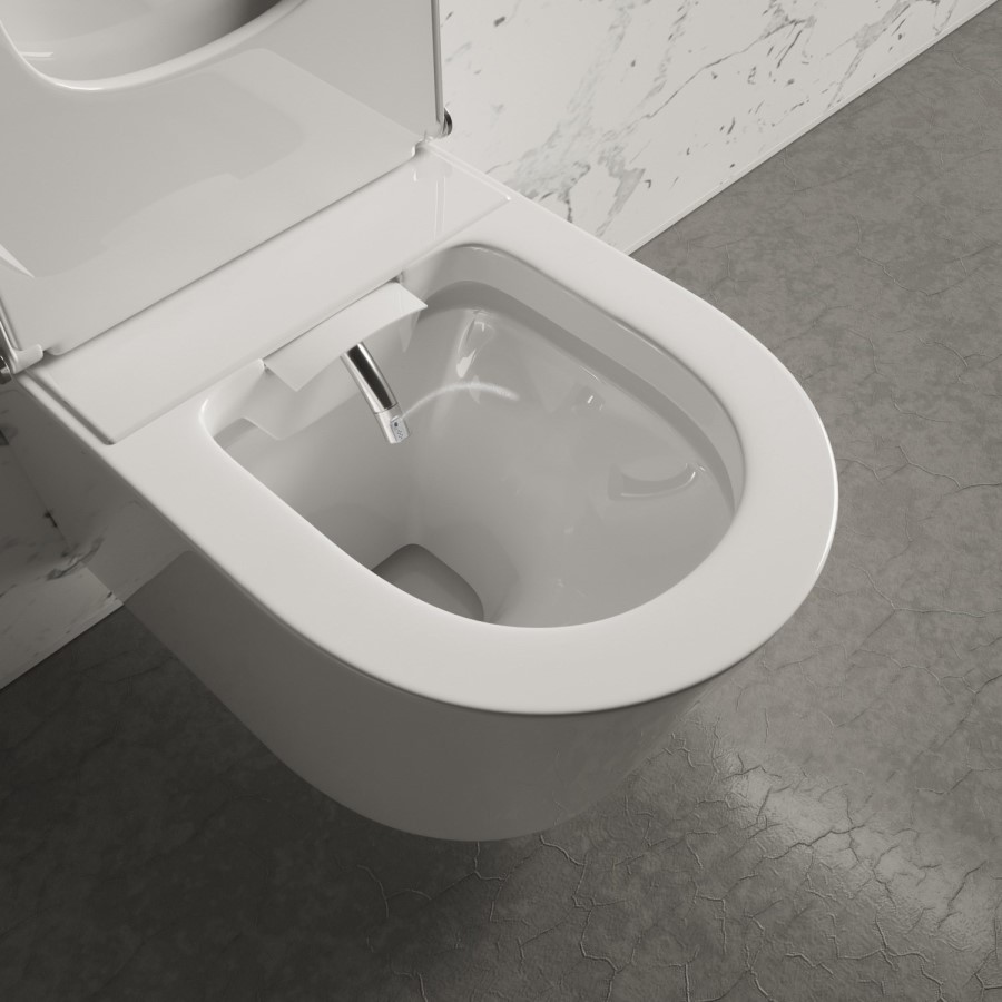 Wall Hung Smart Bidet Japanese Toilet & Geberit Frame Cistern and Chrome Flush Plate - Purificare
