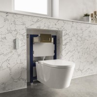 Wall Hung Smart Bidet Japanese Toilet & 820mm Frame Cistern and Brass Pneumatic Flush Plate - Purificare Wall Hung Smart Bidet Japanese Toilet & 820mm Frame Cistern and Brass Pneumatic Flush Plate - Purificare