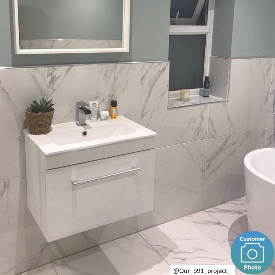 600mm White Wall Hung Vanity Unit with Basin and Chrome Handle - Ashford