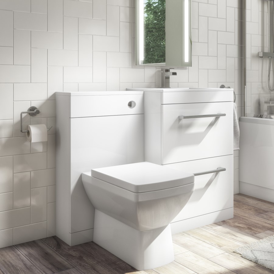 1100mm White Toilet and Sink Drawer Unit with Square Toilet and Chrome fittings - Ashford