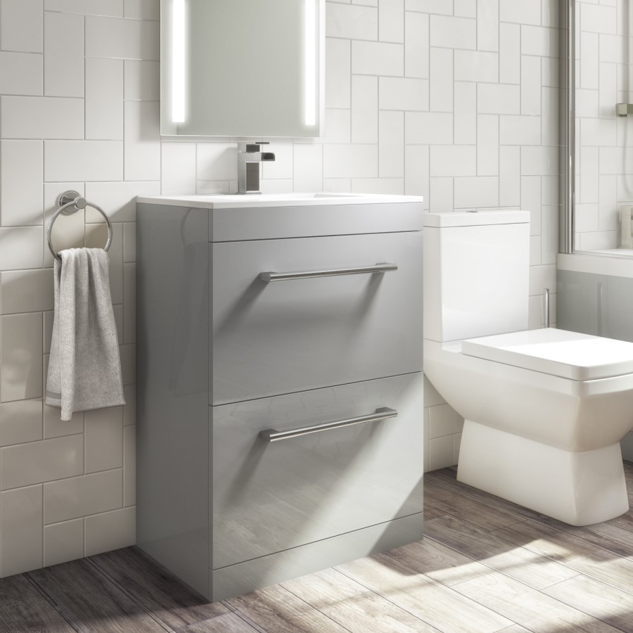 Grade A2 - 600mm Grey Vanity Unit with Basin and Chrome Handles - Ashford