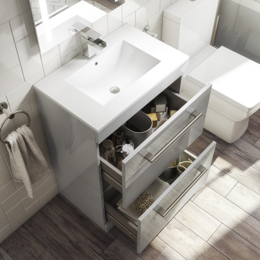 Grade A2 - 600mm Grey Vanity Unit with Basin and Chrome Handles - Ashford