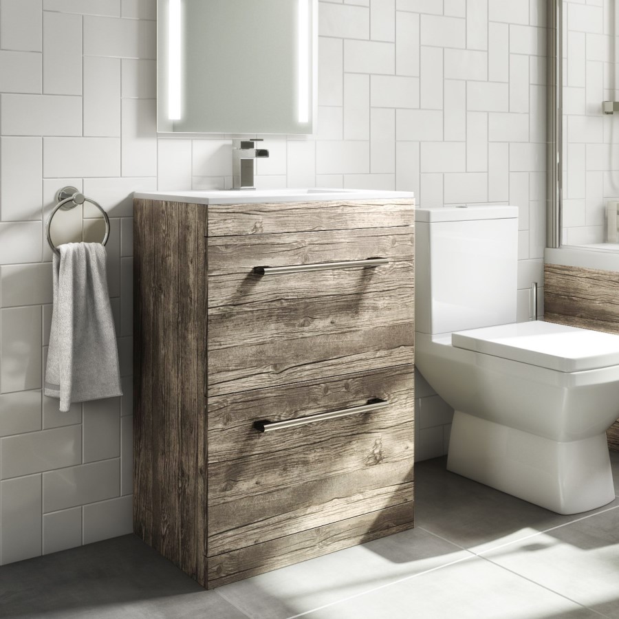 GRADE A1 - 600mm Wood Effect Freestanding Vanity Unit with Basin and 2 Drawers - Ashford
