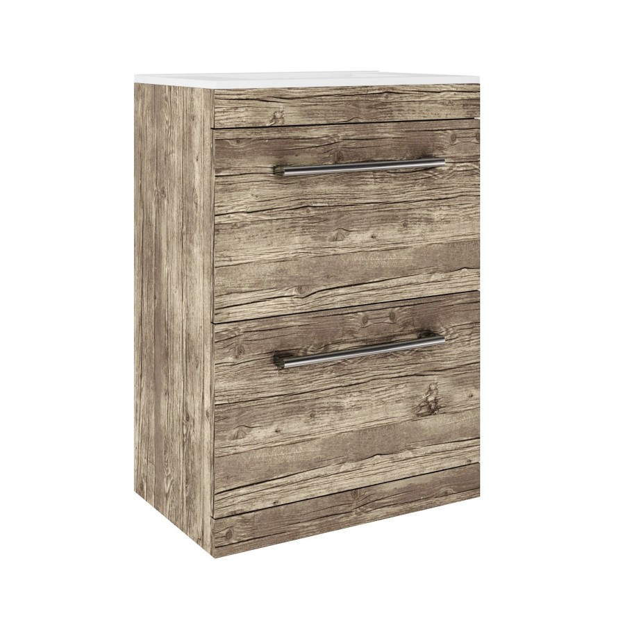 GRADE A1 - 600mm Wood Effect Freestanding Vanity Unit with Basin and 2 Drawers - Ashford