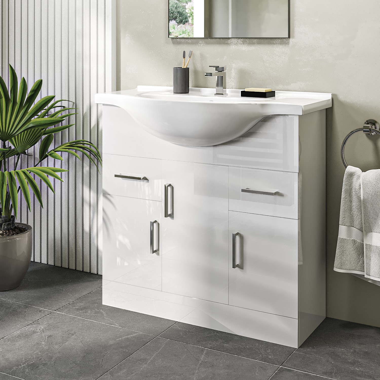 NRG Gloss White Bathroom Cabinet Vanity Sink Unit Storage Furniture with Basin 850mm 