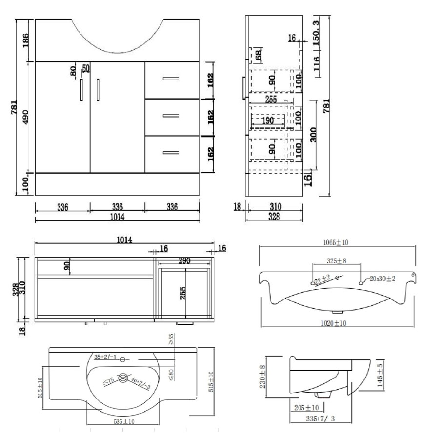1075mm White Freestanding Vanity Unit with Basin - Classic