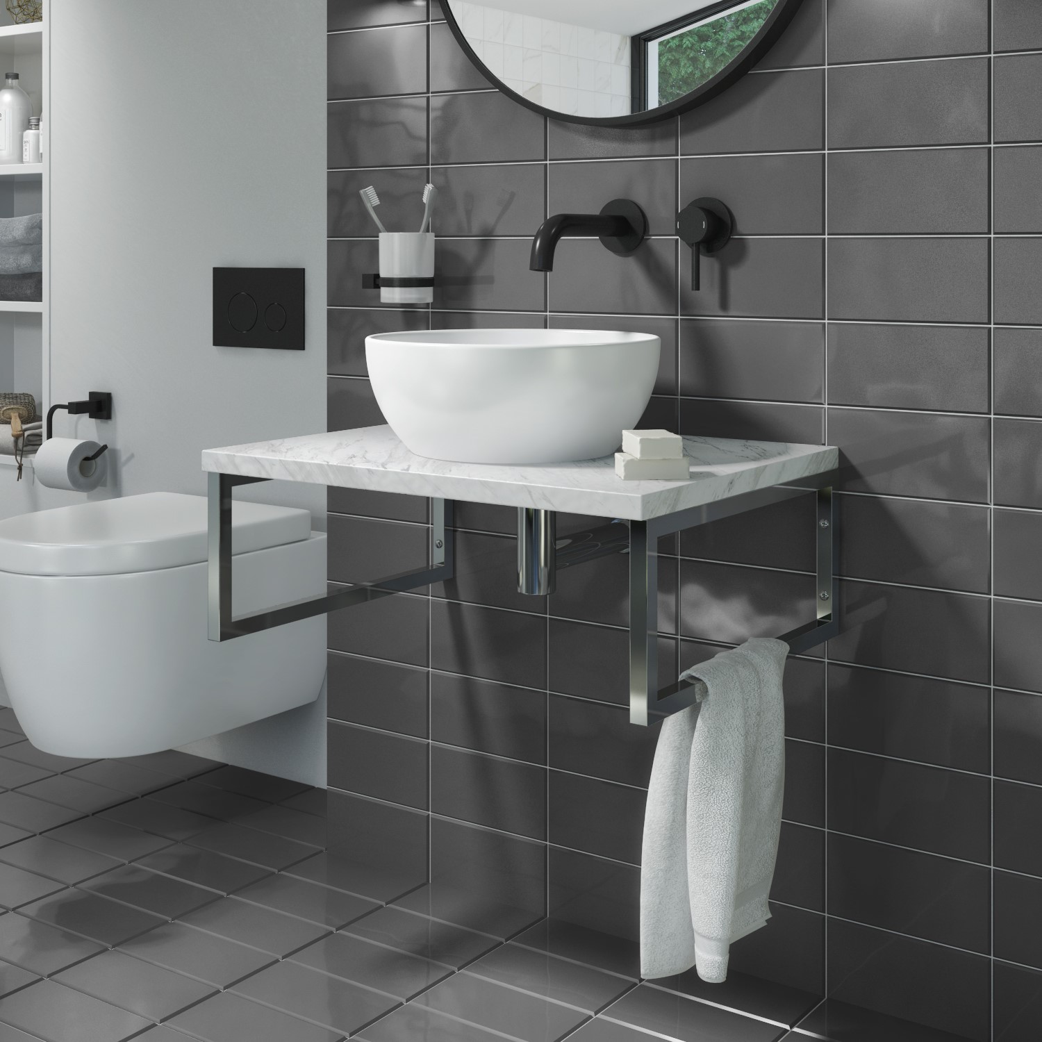 600mm Vanity Shelf Marble Effect, Wall Mounted Bathroom Vanity Shelves