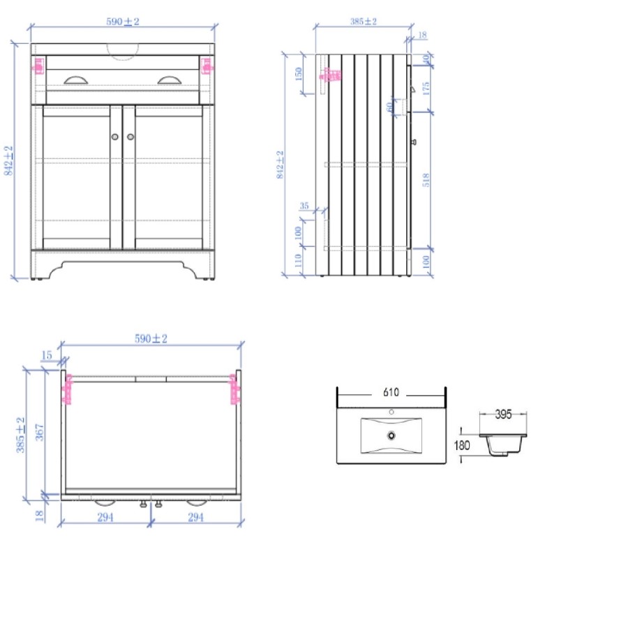 GRADE A2 - 600mm Blue Freestanding Vanity Unit with Basin - Baxenden